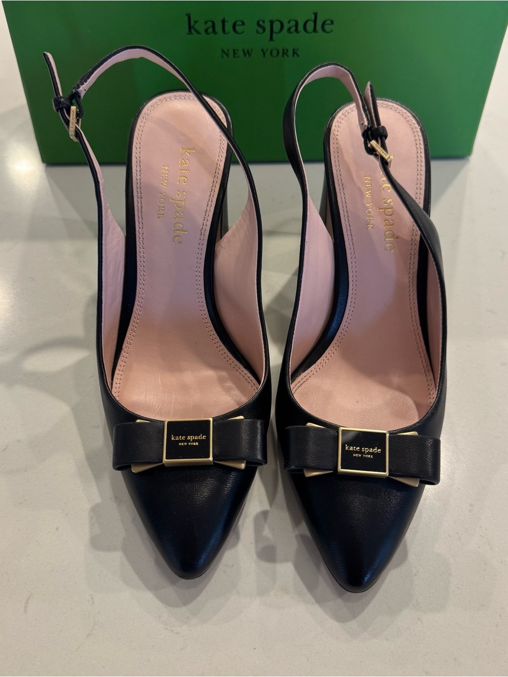 Kate Spade Bowdie Slingback Pumps Black Leather Bow Heels Size 7B | MSRP $268